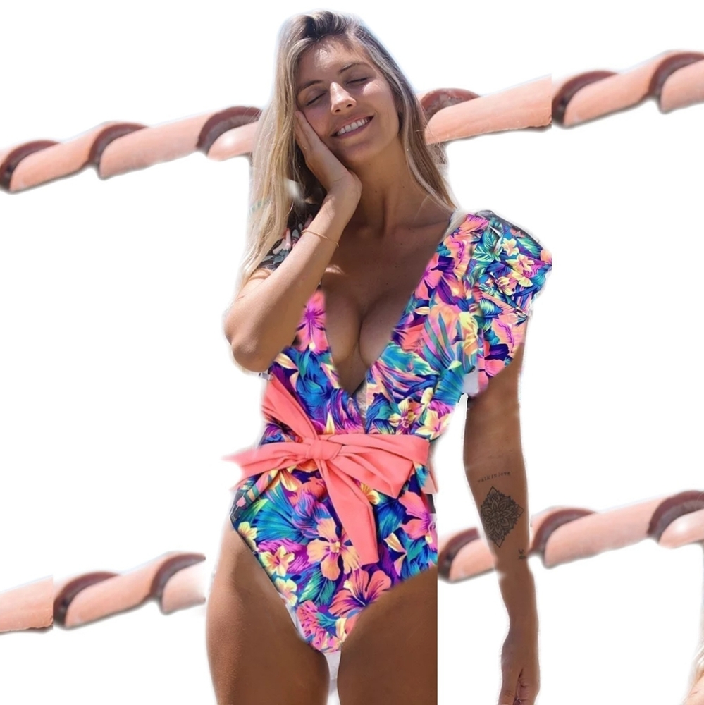 Telaura One Piece Flounce Swimsuit Women Ruffle Floral Print Monokini Sz…